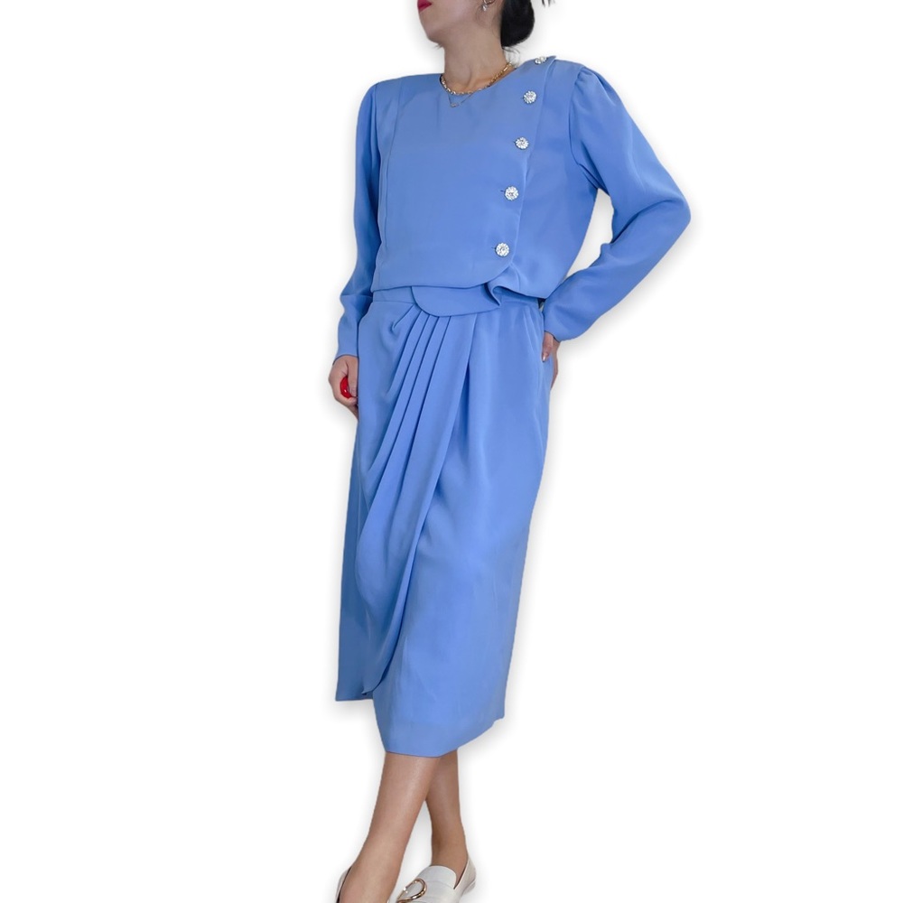 Vintage 60s 70s Miss Elliette Periwinkle Pastel Blue Skirt Suit Size 10 fits m